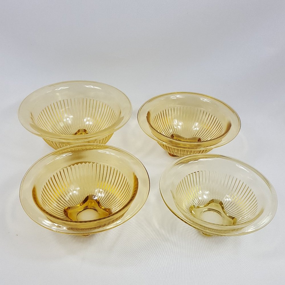 Hazel Atlas Vintage Amber Pillar Optic 4 Ribbed Nesting Glass Bowl Set